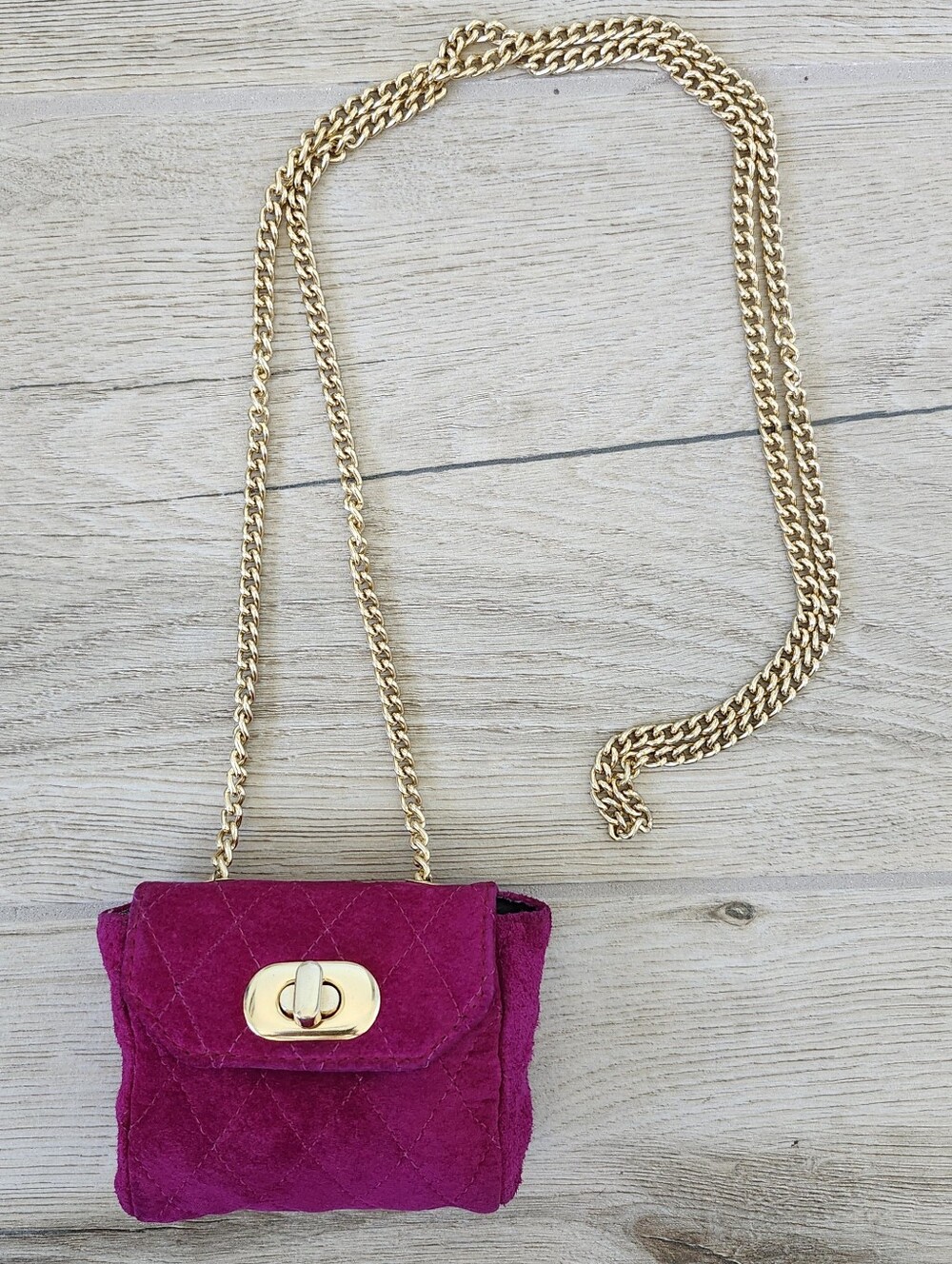 Ann Taylor Vintage Genuine Fuchsia Leather Quilted Micro Crossbody Bag